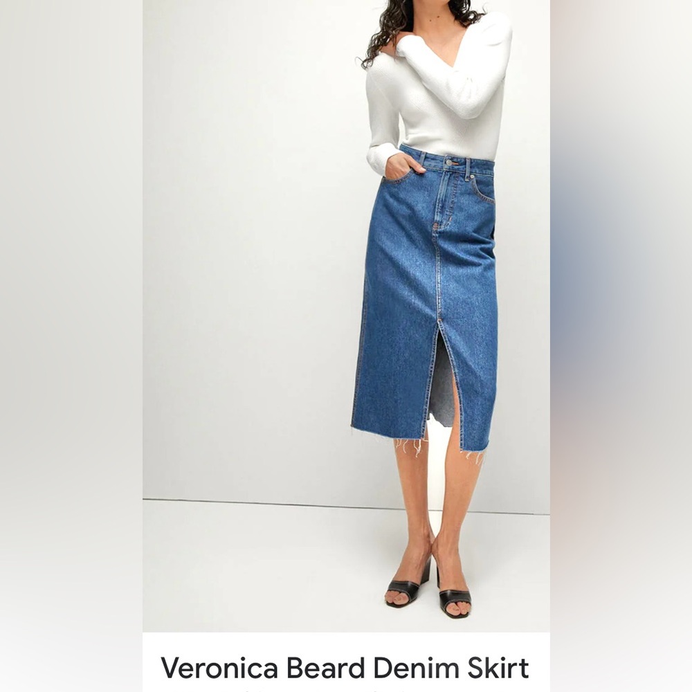 VERONICA BEARD Front Slit Raw Hem Denim Midi Skirt